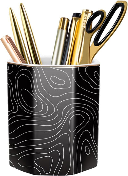 WAVEYU Ceramic Pen Holder for Desk Cute, Pencil Cup Pot Desk Organizer, Makeup Brush Holder for Women, Men, Kids, Desk Marble Decor for Office, Classroom, Home, Gray Golden