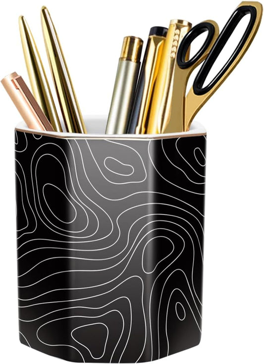 WAVEYU Ceramic Pen Holder for Desk Cute, Pencil Cup Pot Desk Organizer, Makeup Brush Holder for Women, Men, Kids, Desk Marble Decor for Office, Classroom, Home, Gray Golden