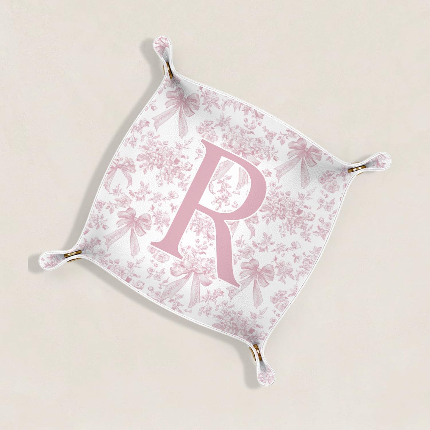 Gifts for Mom Initial Valet Tray,Pink Personalized Gifts for Women Mom Grandma Girlfriend,Nightstand Desk Accessories PU Leather Tray Organizer for Birthday Christmas Gift Ideas (B)