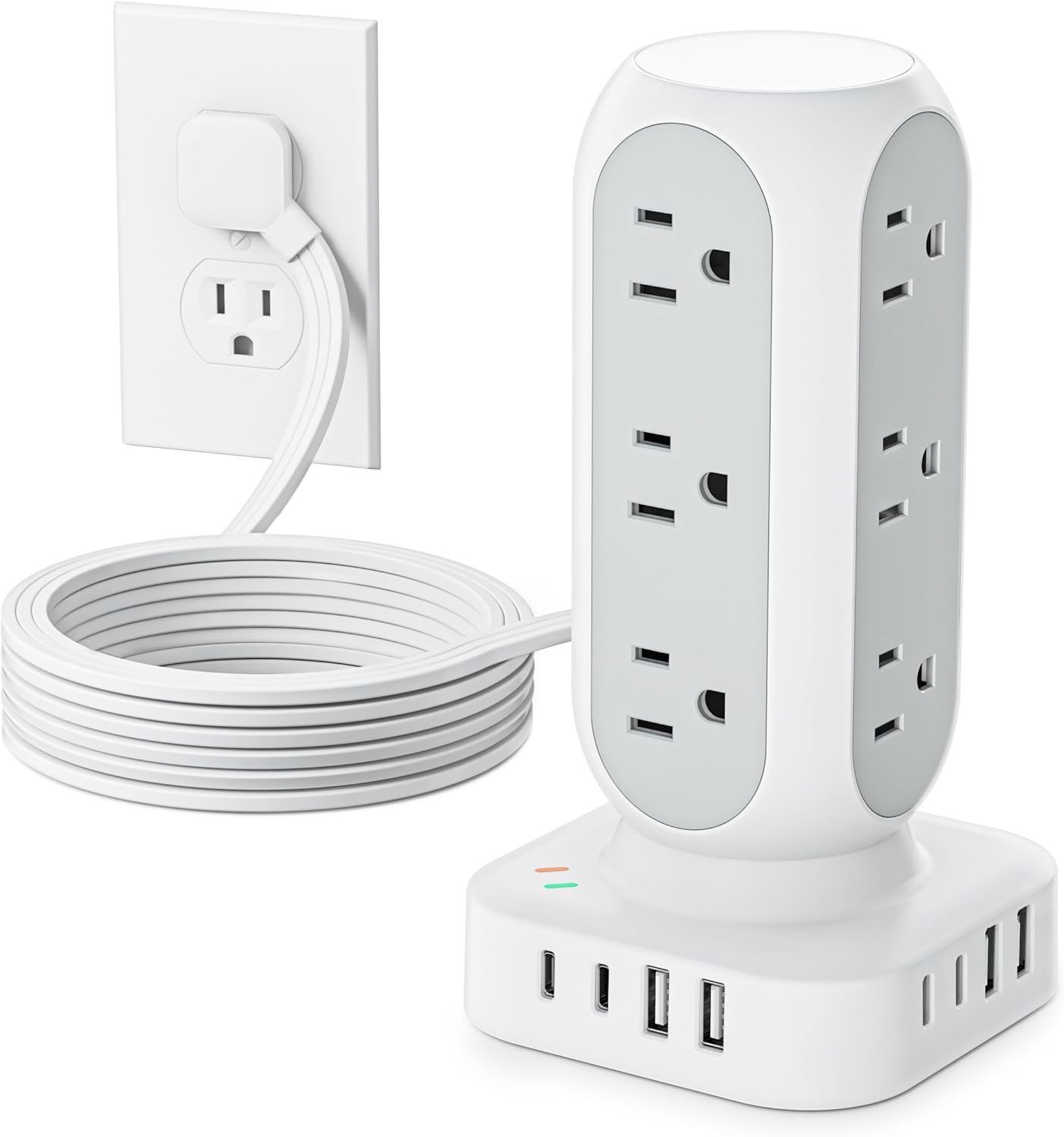 Flat Plug Power Strip Tower 10FT, 40W Total Fast Charging Station, Dual PD 20W USB-C Surge Protector with 12 AC Outlets and 8 USB Ports (4 USB C), Long Extension Cord for Home Office Dorm Room