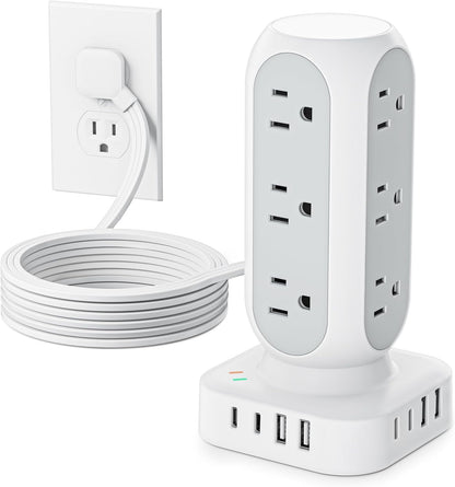 Flat Plug Power Strip Tower 10FT, 40W Total Fast Charging Station, Dual PD 20W USB-C Surge Protector with 12 AC Outlets and 8 USB Ports (4 USB C), Long Extension Cord for Home Office Dorm Room