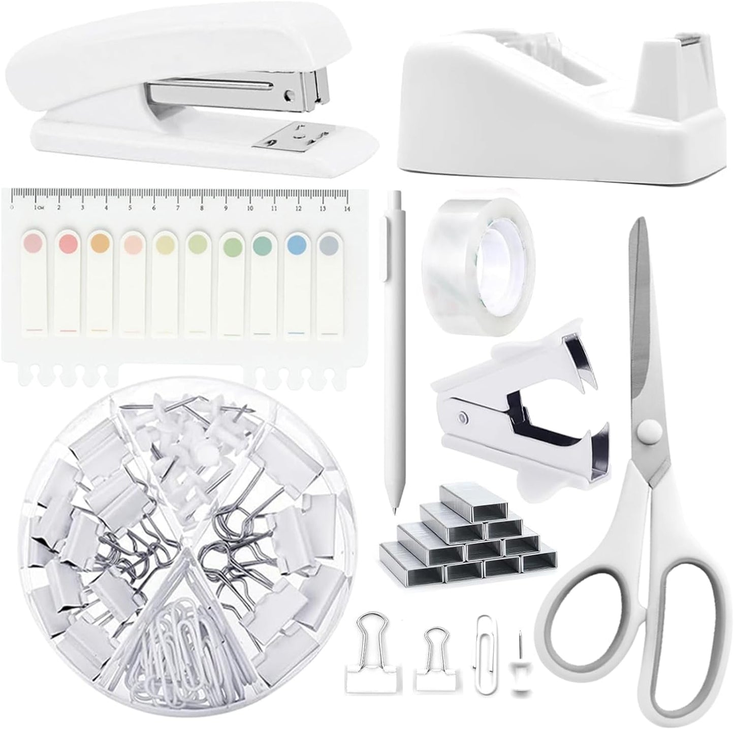 suniya Office Supplies,Gold Desk Accessories,with Stapler,Tape Dispenser,Pen Holder,Scissors,Phone Stand,Staple Remover,Ballpoint Pen,Clear Tape, Staples,Ruler,Clips,Best Gift for Business or Boss