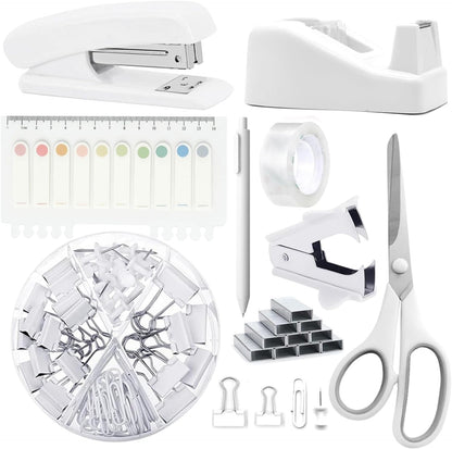 suniya Office Supplies,Gold Desk Accessories,with Stapler,Tape Dispenser,Pen Holder,Scissors,Phone Stand,Staple Remover,Ballpoint Pen,Clear Tape, Staples,Ruler,Clips,Best Gift for Business or Boss