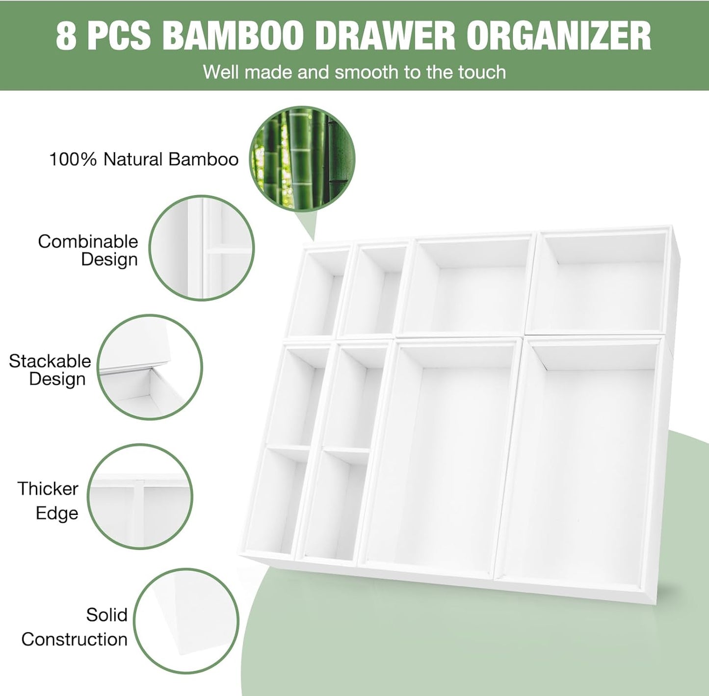 Bamboo Drawer Organizer,5 PCS White Bathroom Tray&Desk Organizers and Storage,Cabinet Divider With Removable Silverware Organization for Kitchen,Utensils,Junk,Office,Makeup