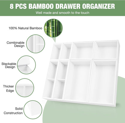 Bamboo Drawer Organizer,5 PCS White Bathroom Tray&Desk Organizers and Storage,Cabinet Divider With Removable Silverware Organization for Kitchen,Utensils,Junk,Office,Makeup