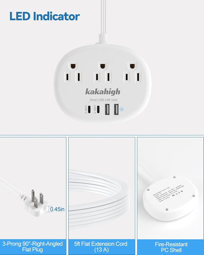 Pink Extension Cord with Surge Protected 1080J - 5 FT Kawaii Power Strip, 1625W Cute Extension Cord with 3 AC Outlet 4 USB (24W/4.8A), Compact for Cute Pink Kawaii Desk Home Essentials