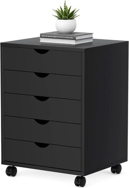5 Drawer Mobile File Cabinet Under Desk Storage Organization with Wheels Vertical Filing Chest Rolling Wood Small Desk Printer Stand for Home Office, White