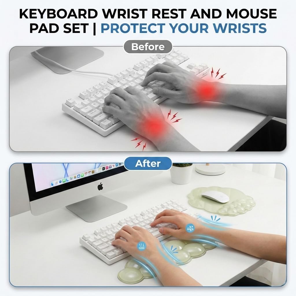 Ergonomic Cloud-Shaped Keyboard Wrist Rest & Non-Slip Mouse Pad Set, Soft Gel Support, Easy-to-Clean, Durable, Ideal for Long Work & Study Hours