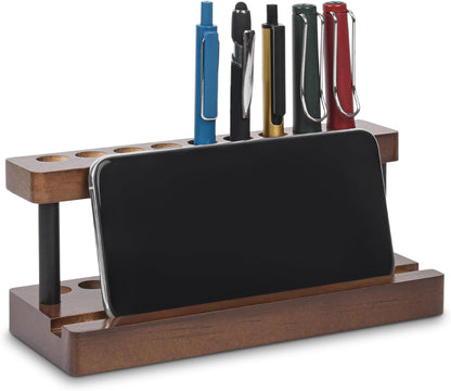 Wooden Pen Holder for Desk, Wood Pencil Holder Fountain Pens Display Stand with 9 Slots and Phone Holder, Stylish Office Desk Decor, Pen Organizer for Office, Home