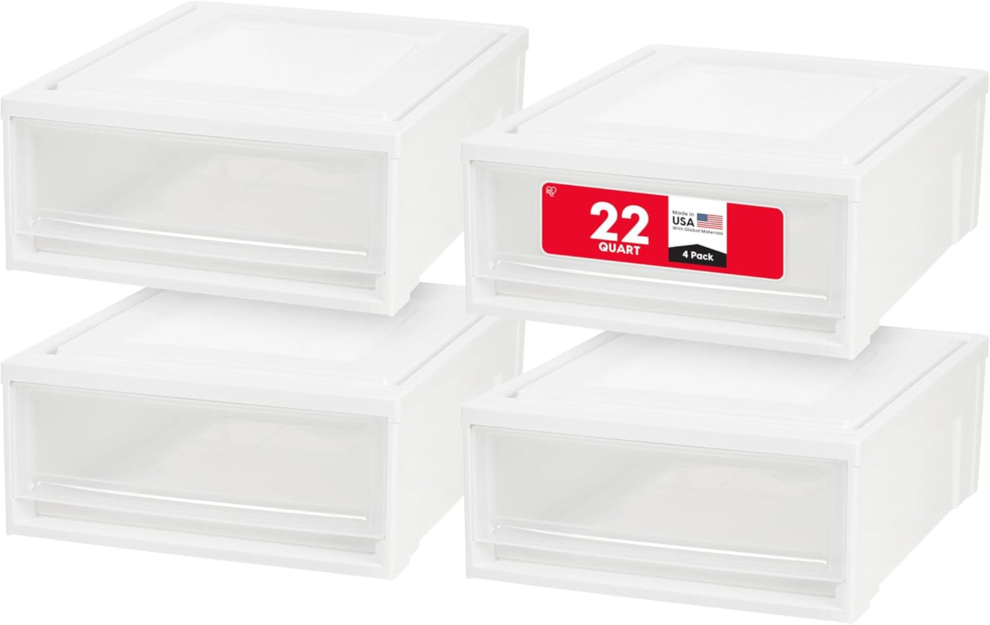 IRIS USA 22 Qt Under Bed Storage Drawer, Stackable Plastic Organizer Bin, Smooth-Glide Sliding Drawer, 4 Pack, White