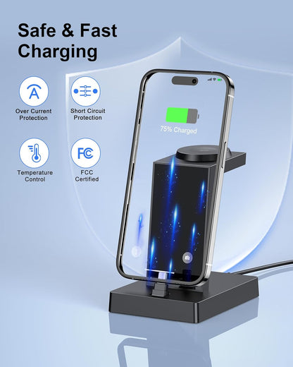 30W Fast Charging Station for Apple Devices - ADADPU 3 in 1 USB C Charger Stand for iPhone 17 16 15 Pro Max Plus & AirPods 4,Wireless Charger Dock Compatible with Apple Watch Ultra/10/9/8/7/6/5/4/3/SE