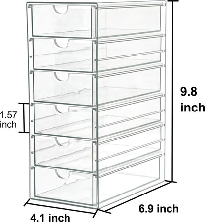 Clear Drawer Organizer, Transparent Plastic Storage Drawers, Hair Accessaries Organizer Case Display Stand, Acrylic Organizers for Organizing Eyeglass, Hair Ties, Accessories (Large - 6-Drawer)