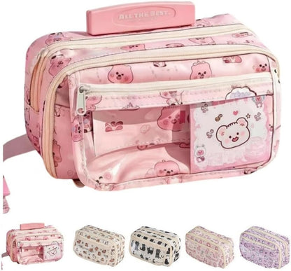 Cute Kawaii Pencil Case Pouch Cartoon Pen Box Holder Organizer for Office Workspace Supplies Desk Accessories Travel Essentials Aesthetic Trendy Cool Stuff Gift Large Capacity (Pink Kapibala)