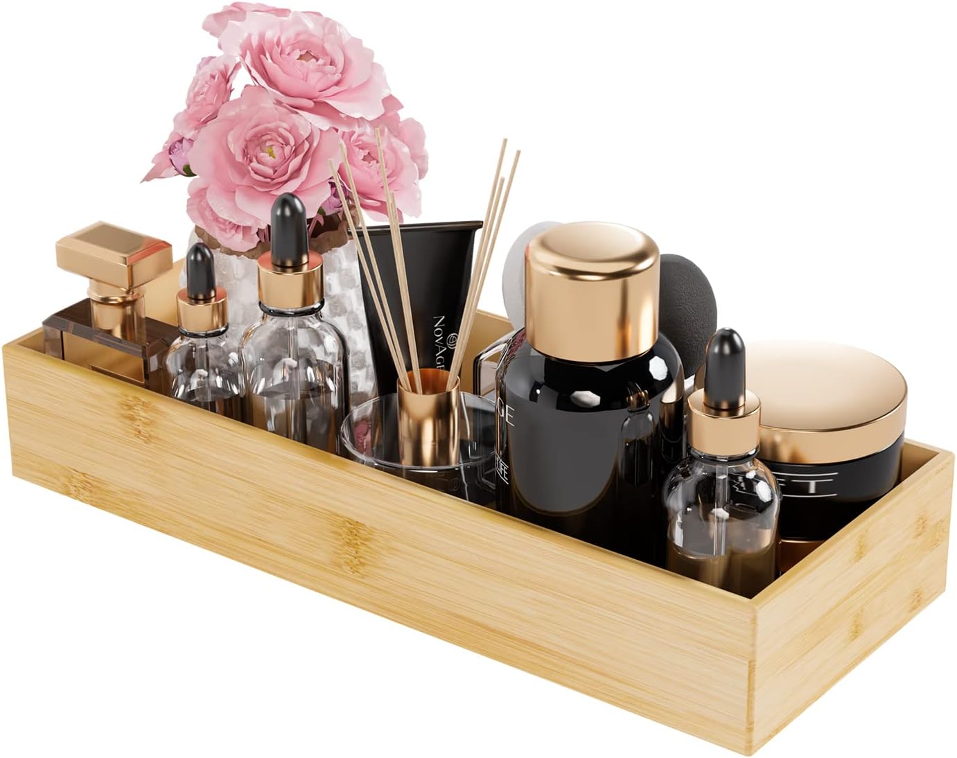 Black Bamboo Drawer Organizer - Silverware&Utensil Holder Organizer for Kitchen Drawers, Multi-Use Drawer Dividers Boxes for Bathroom Counter，Cabinet, Garage, Office Desk, Makeup, Jewelry (12"3"2.5")