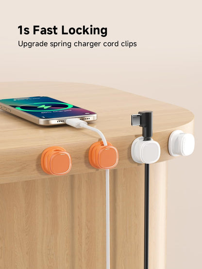 9 Pack Cord Organizer, Spring Cable Management, Adhesive Cute Cable Holder Clips, Phone Charger Wire Keeper for Desk Nightstand Car Office (9-Pack White_Orange_Blue)