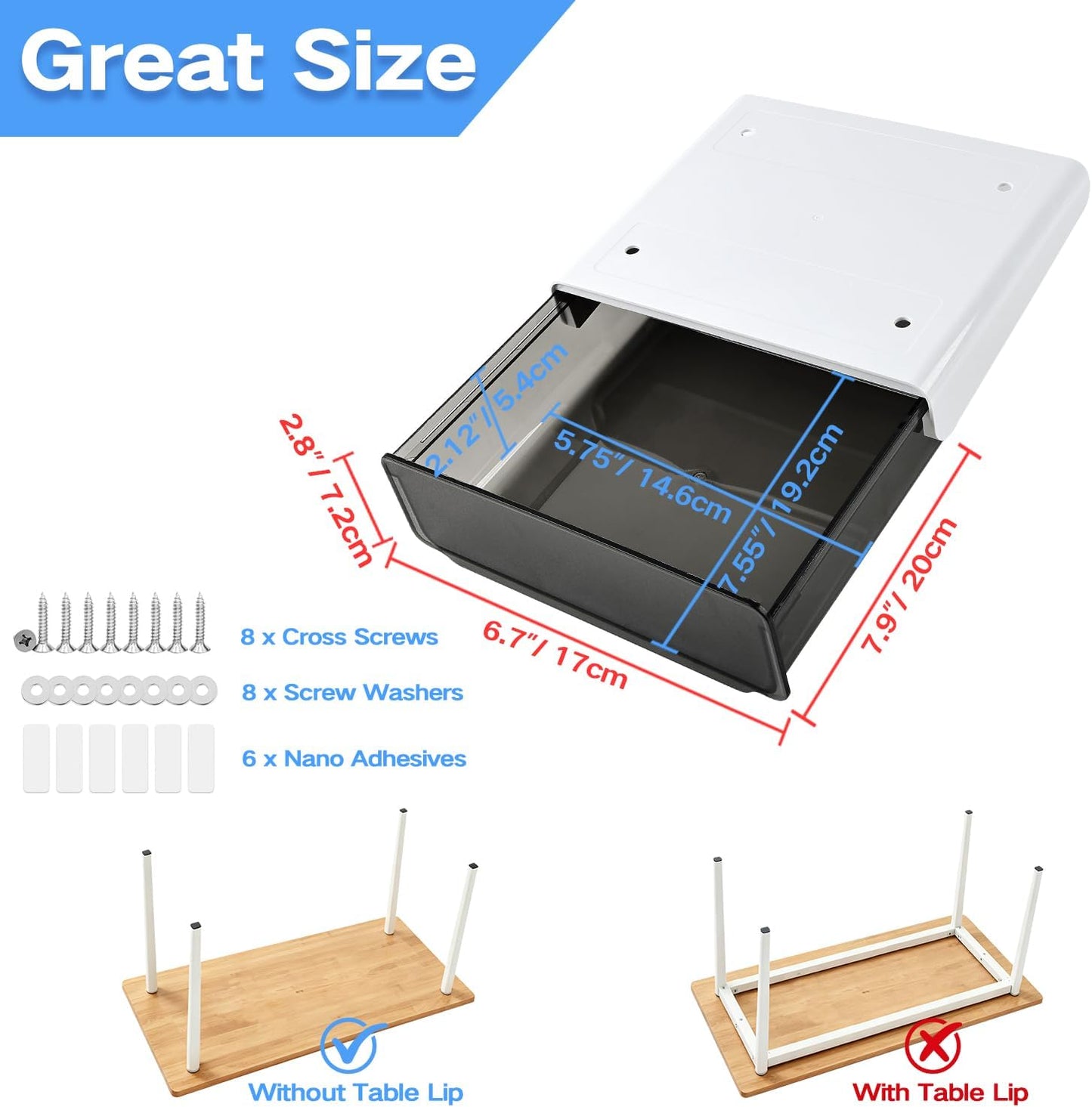 Self-adhesive Under Desk Drawer Organizer, 2 Pack Table Hidden Slide Out Large Storage Mounted Desktop Pencil Holder Tray Drawers for Office Home School Stationery Kitchen (Large, White)