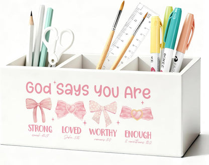 Purple Coquette Bow Pen Pencil Holder for Desk, Girly Office Decor, Preppy Purple Bow Aesthetic Wooden Box Sign Decorations for Girly Room Bedroom Dorm Office Desk Tabletop