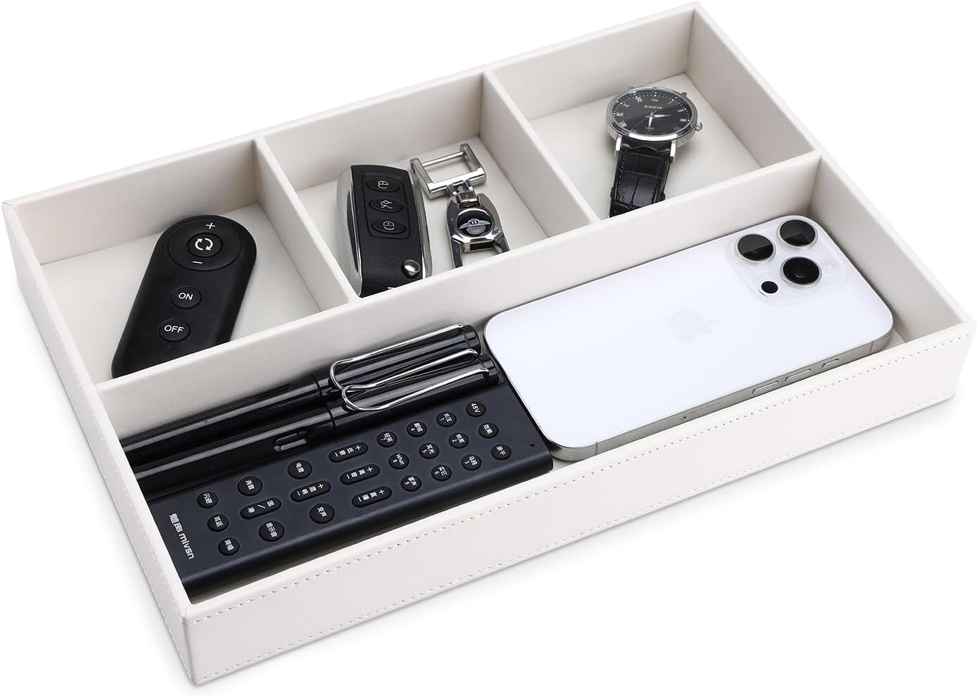 KINGFOM Pu Leather Desk Organizer Tray, 4 Compartment Office Storage Supplies Stationery Drawer Tray, Nightstand Bedside Tray for Key, Wallet, Watch, Coin, Phone Valet Tray Stackable
