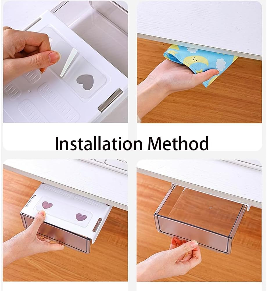 Self-adhesive Under Desk Drawer Organizer, Table Hidden Slide Out Large Storage Mounted Desktop Pencil Holder Tray Drawers for Office Home School Stationery Kitchen (Black)