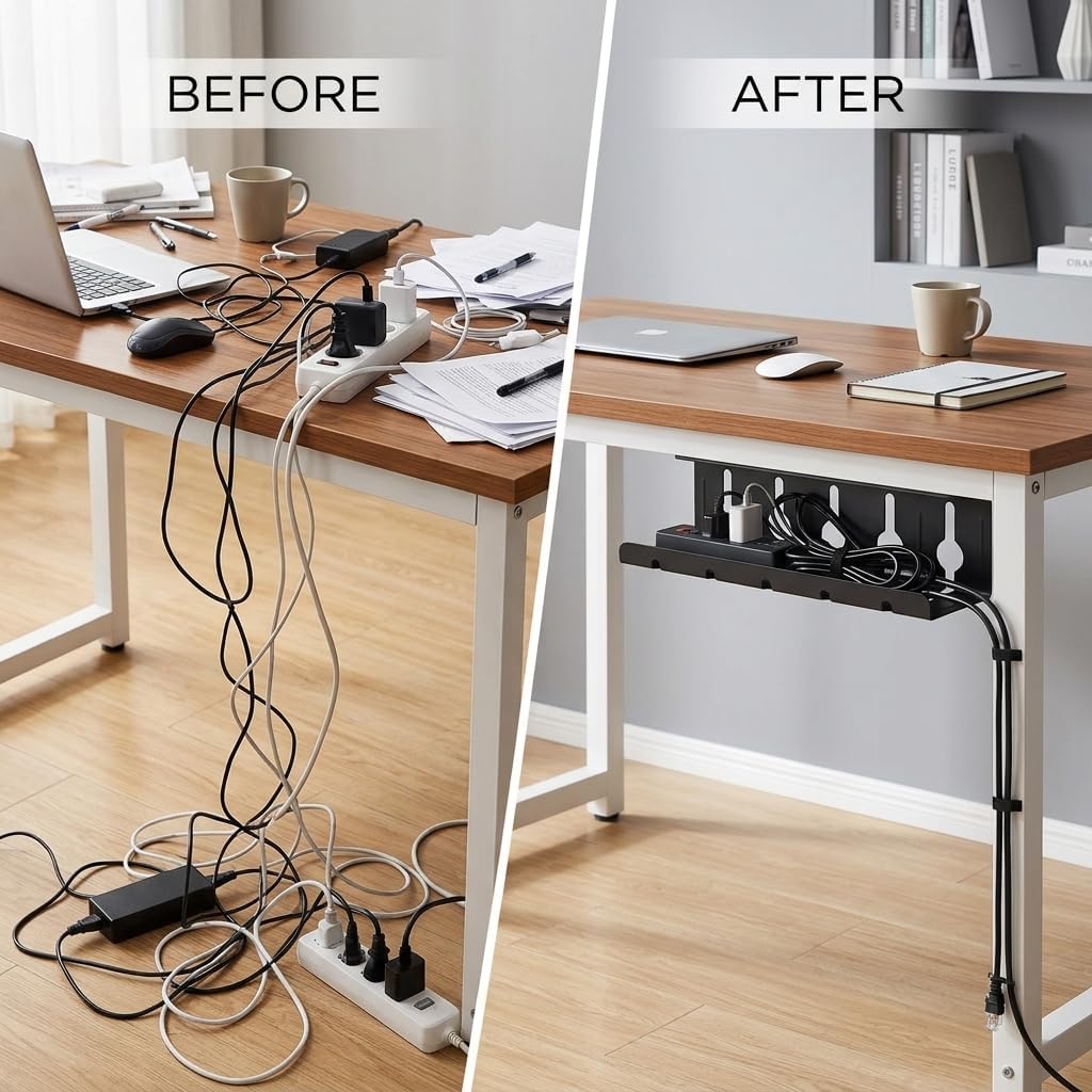 Cable Management Under Desk for Easy mounting Under-Table, Set of 2 - with 10X Cable Ties, Desk Organizer for Office/Home Office Table Thoughtful Cable Tray Holder