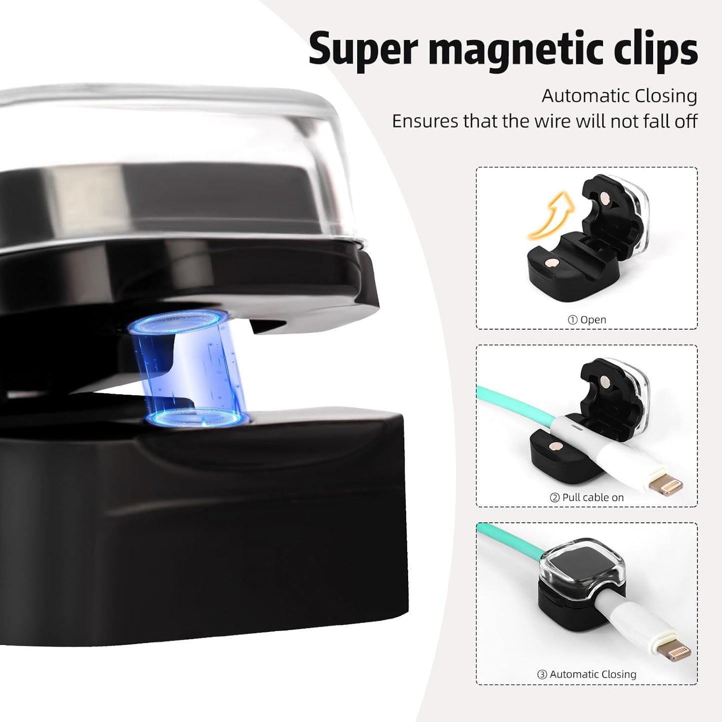 Magnetic Cable Clips Cord Organizer Holder, 6 Pack Adhesive Wire Holder Keeper Organizer USB Charging Cable Storage Holder for Home Office Phone Car Wall Desktop Nightstand Kitchen (Black)