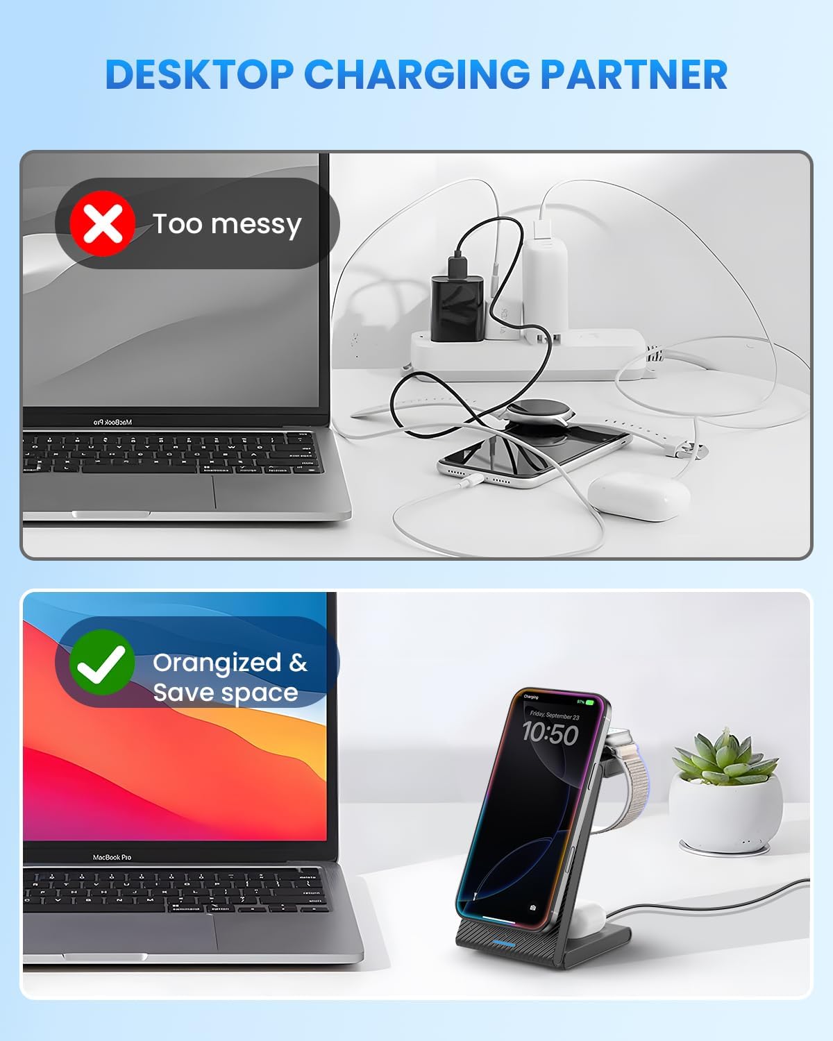 Charging Station for iPhone and Apple Watch: 3 in 1 Wireless Phone Charger Stand for iPhone 17 16 15 14 13 12 11 Pro Max & AirPods, Bedside Nightstand Docking