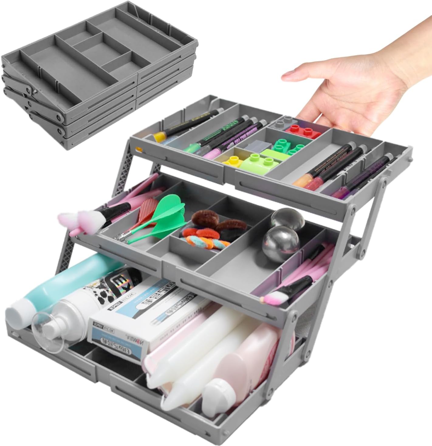 3 Tier Drawer Organizer Collapsible, Multi Level Drawer Organizer, Junk Drawer Organizer for Office, Makeup, Jewelry, Vanity, Kitchen(1 Row 3 Tier)