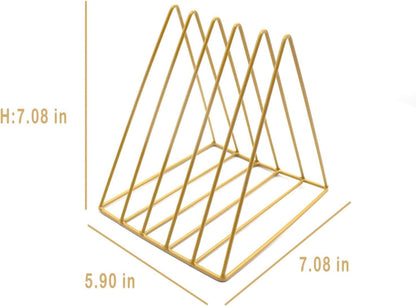 QPEY Triangle File Holder,5 Slot Metal Vinyl Record Stand Holder Magazine Newspaper Holder Photography Props for Office Home 1 Pc (Gold)