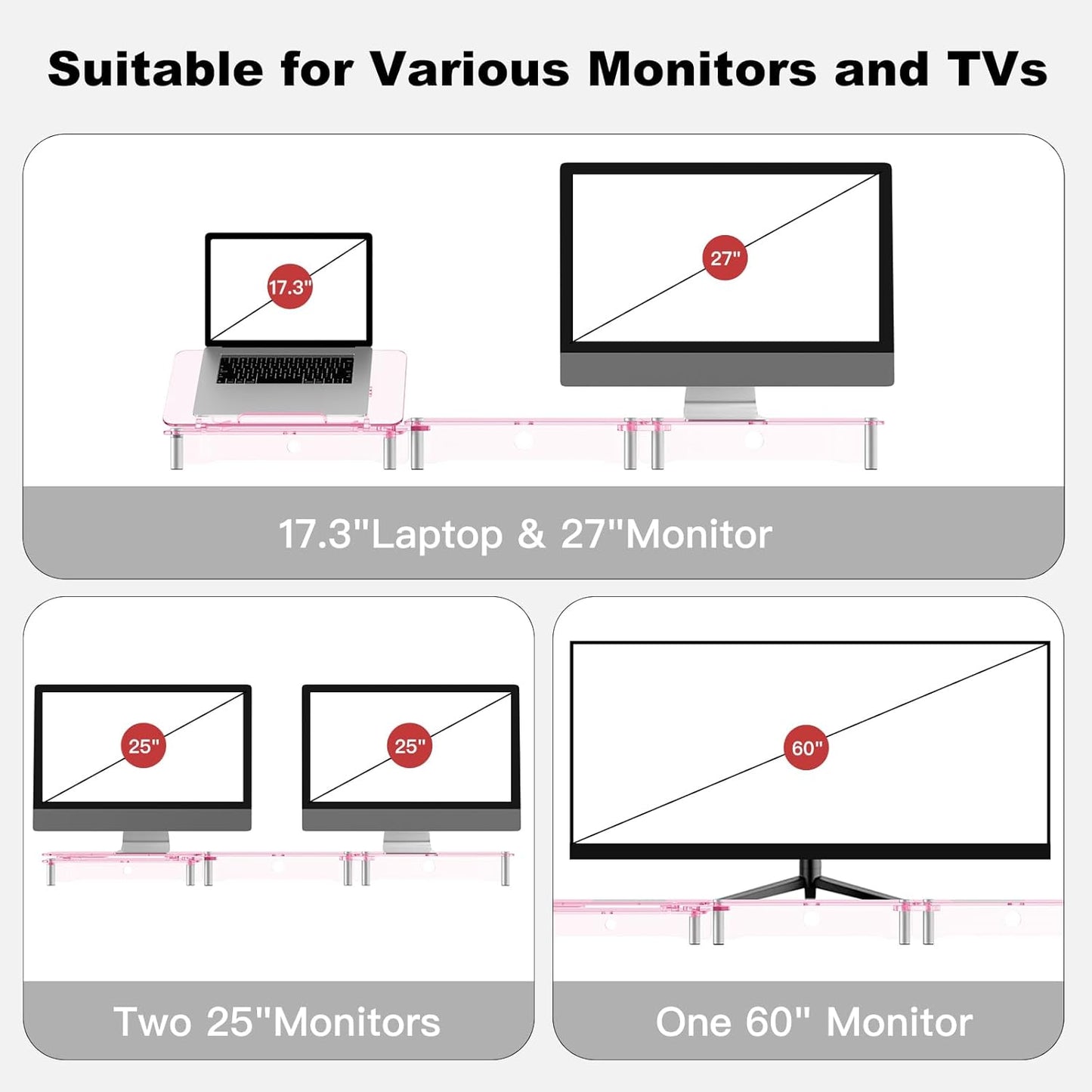RQUOIRE Ergonomic Pink Acrylic Dual Monitor Stand with Adjustable Laptop Riser, Compatible with Desktop, Printer, TV and More Devices,monitor riser holder suitable for 2 monitors