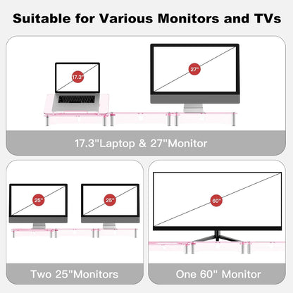 RQUOIRE Ergonomic Pink Acrylic Dual Monitor Stand with Adjustable Laptop Riser, Compatible with Desktop, Printer, TV and More Devices,monitor riser holder suitable for 2 monitors