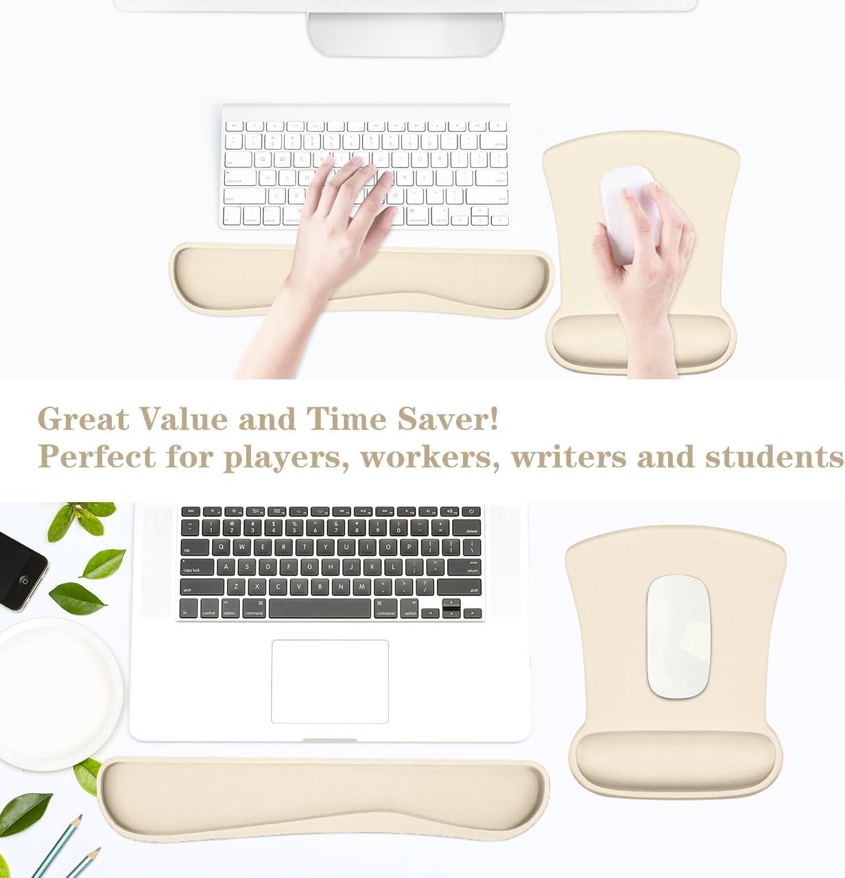 Ergonomic Wrist Rest Support for Mouse Pad and Keyboard Set, Comfortable Memory Foam Keyboard Pad and Soft Gel Mouse Pad, Easy Typing and Pain Relief for Gaming, Office, Laptop, Apricot