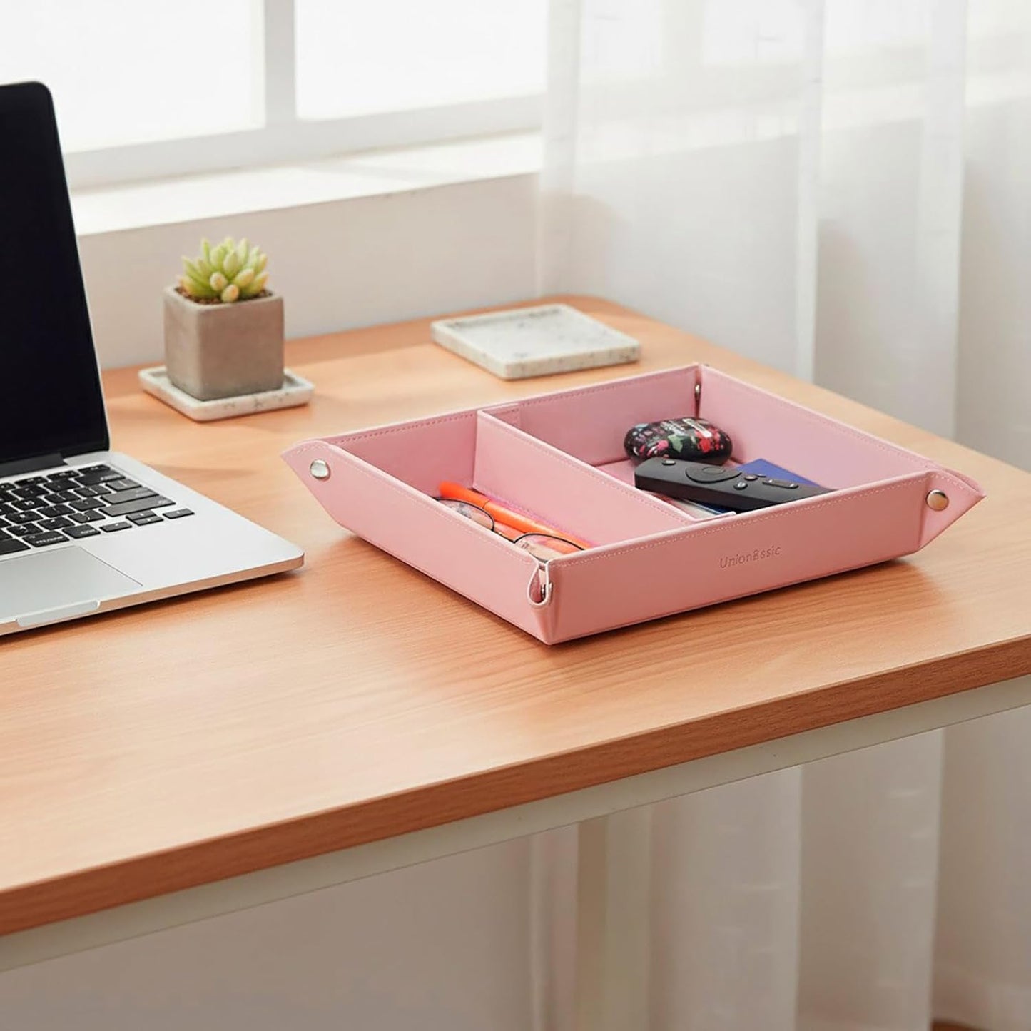 UnionBasic Medium Valet Tray, Jewelry Tray for Rings Watches Earrings, Entryway Catchall Caddy for Coins Keys Change, Nightstand Bedside Valet Holder, Trays for Electronic Gadgets, Candy Pink Plus - Colors B