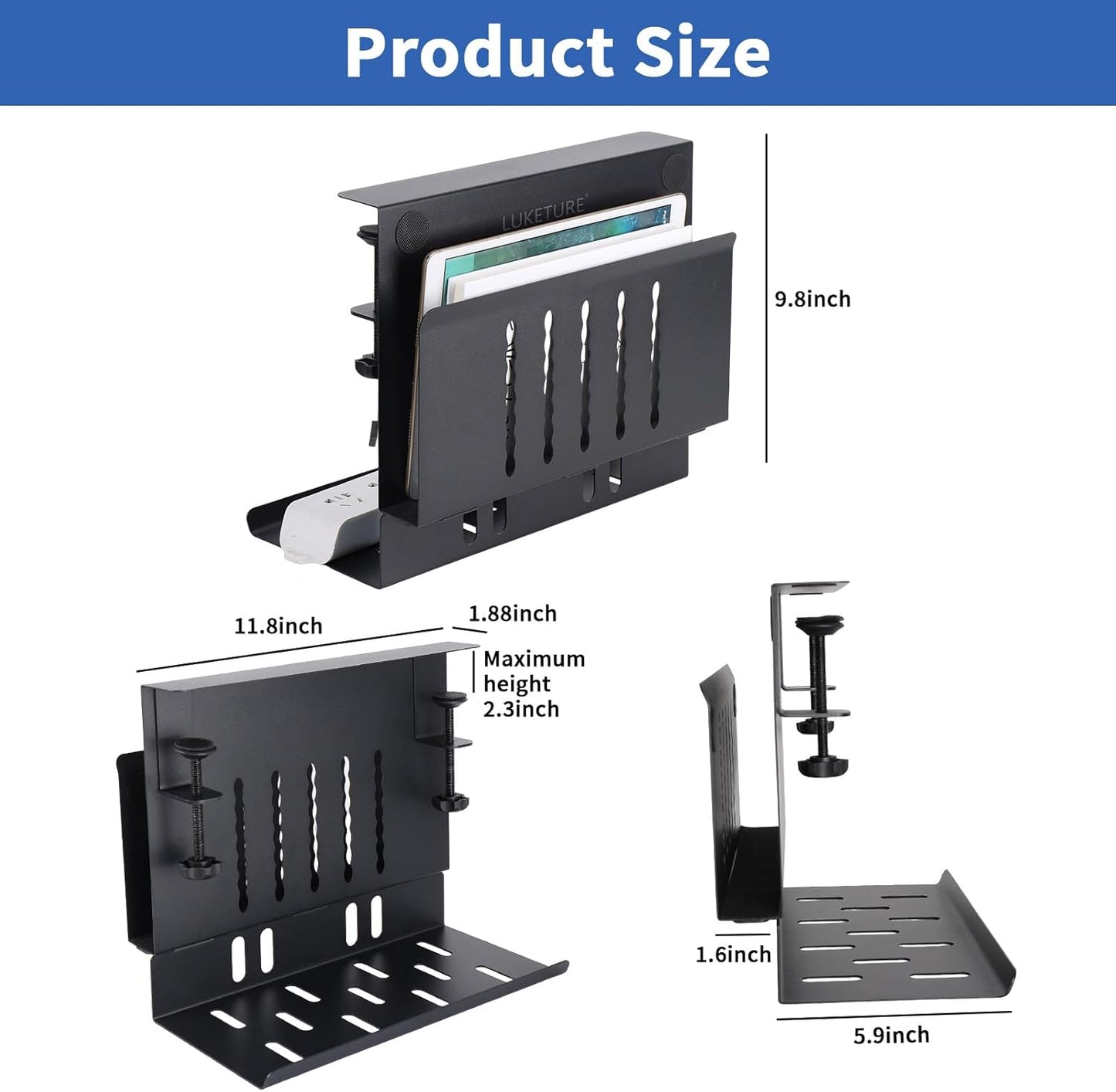 LUKETURE Desk Side Storage, Laptop Holder with Cable Management Tray, 2 in 1 Steel Under Desk Laptop Mount, Table Organization, Space Saving Table Accessories for Office and Home (Black)