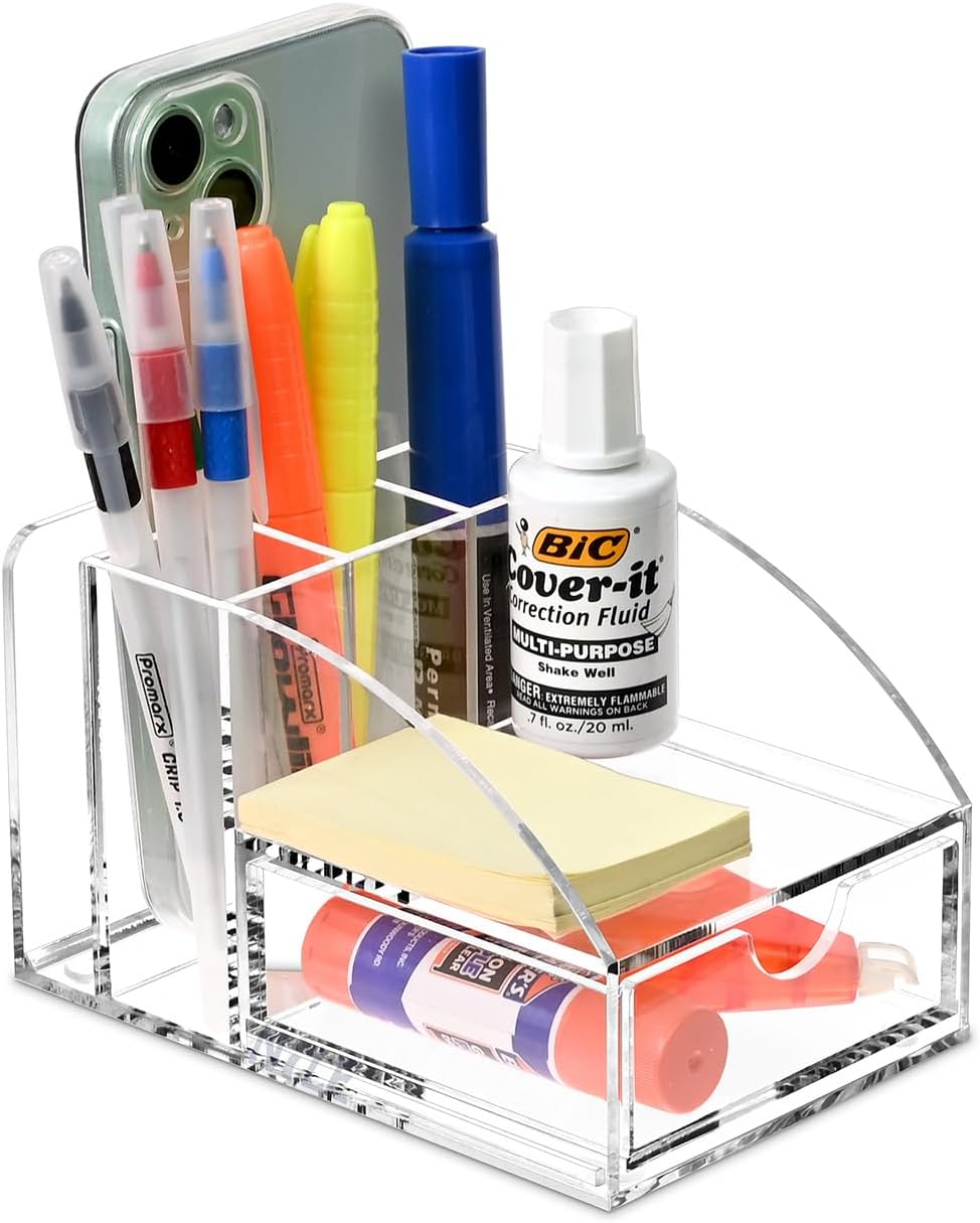 Ikee Design Acrylic Premium Desktop Office Supplies Organizer with Post It Note Pad Holder, Mail Storage and 3 Pencil Slots Pencil Holder, Office Supplies, 3 7/8 W x 5 7/8 D x 3 1/2 H in