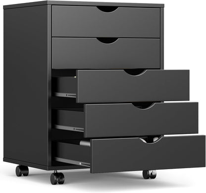 OLIXIS 7 Drawer Mobile File Cabinet Under Desk Storage Organization with Wheels Vertical Filing Chest Rolling Wood Small Desk Printer Stand for Home Office, 15.75"D x 18.74"W x 34.25"H, Black