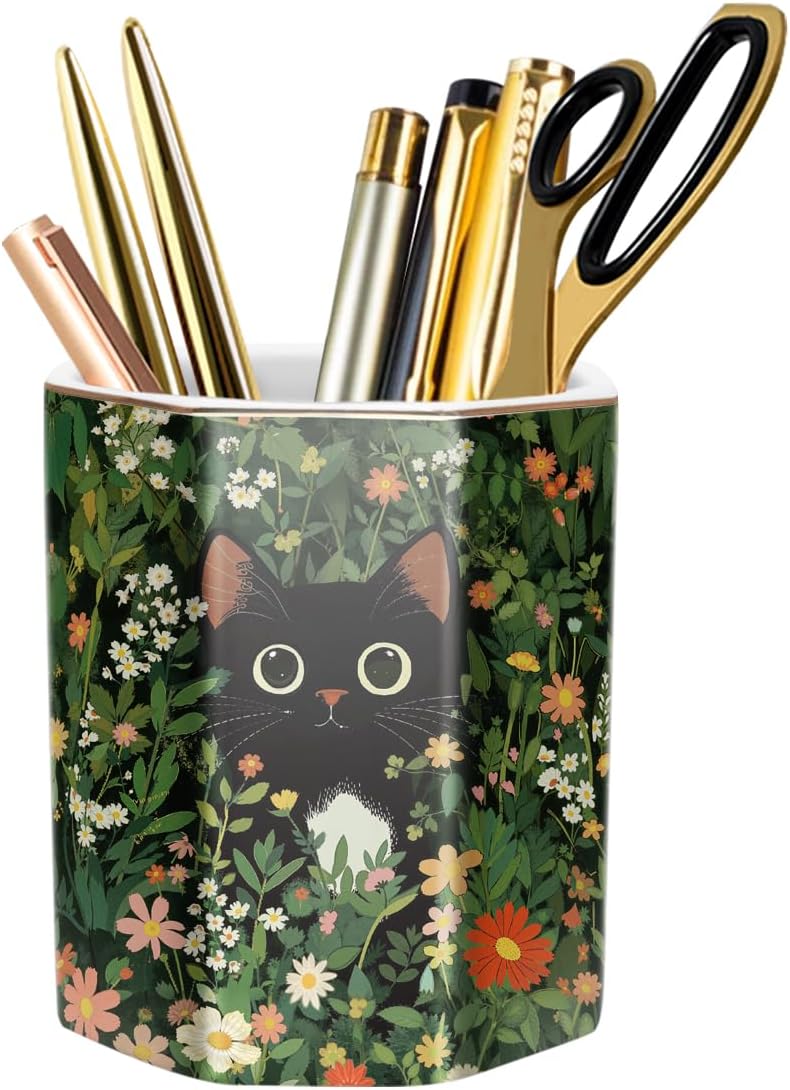 WAVEYU Ceramic Pen Holder for Desk Cute, Pencil Cup Pot Desk Organizer, Makeup Brush Holder for Women, Men, Kids, Desk Marble Decor for Office, Classroom, Home, Gray Golden