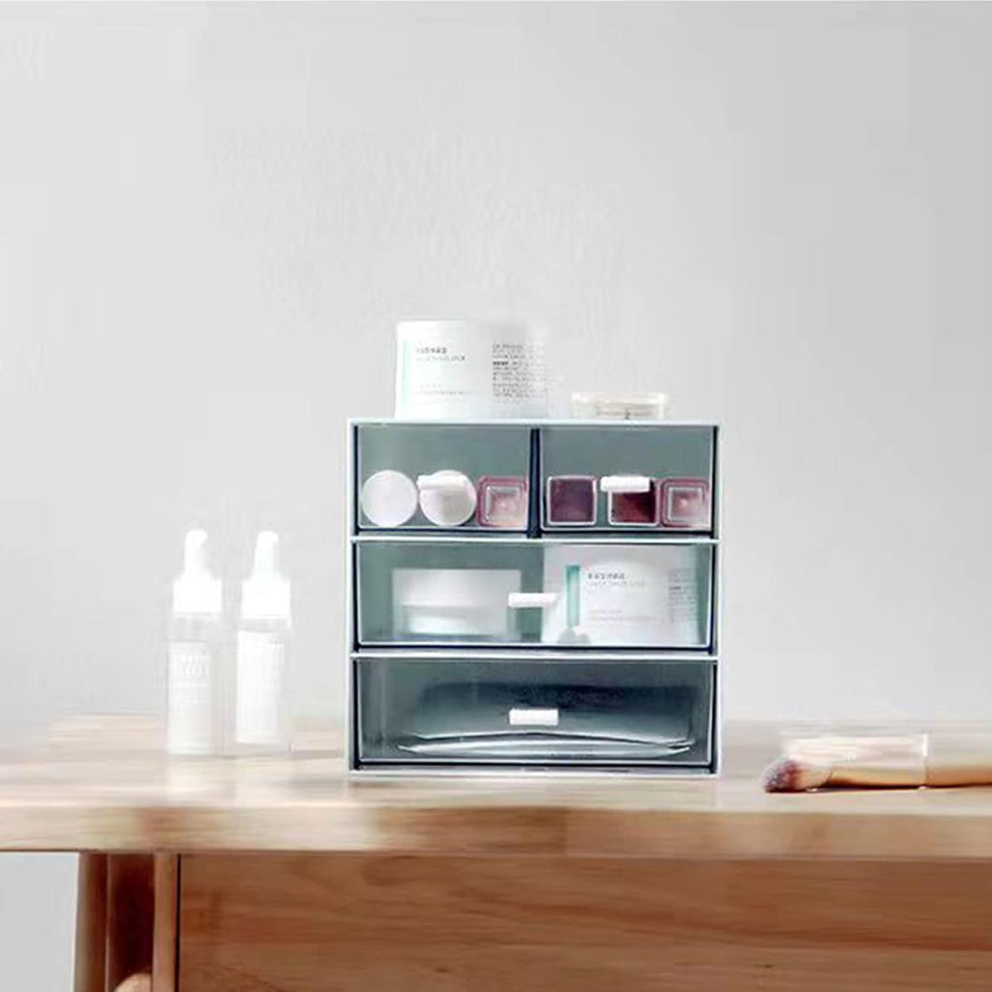 Desk Organizer with Drawer, Office Organizer with 4 Drawers, Desk Storage Box for, Desktop, Dressing table, Office, School, Home, Plastic Box and 4 Acrylic Drawers(White)