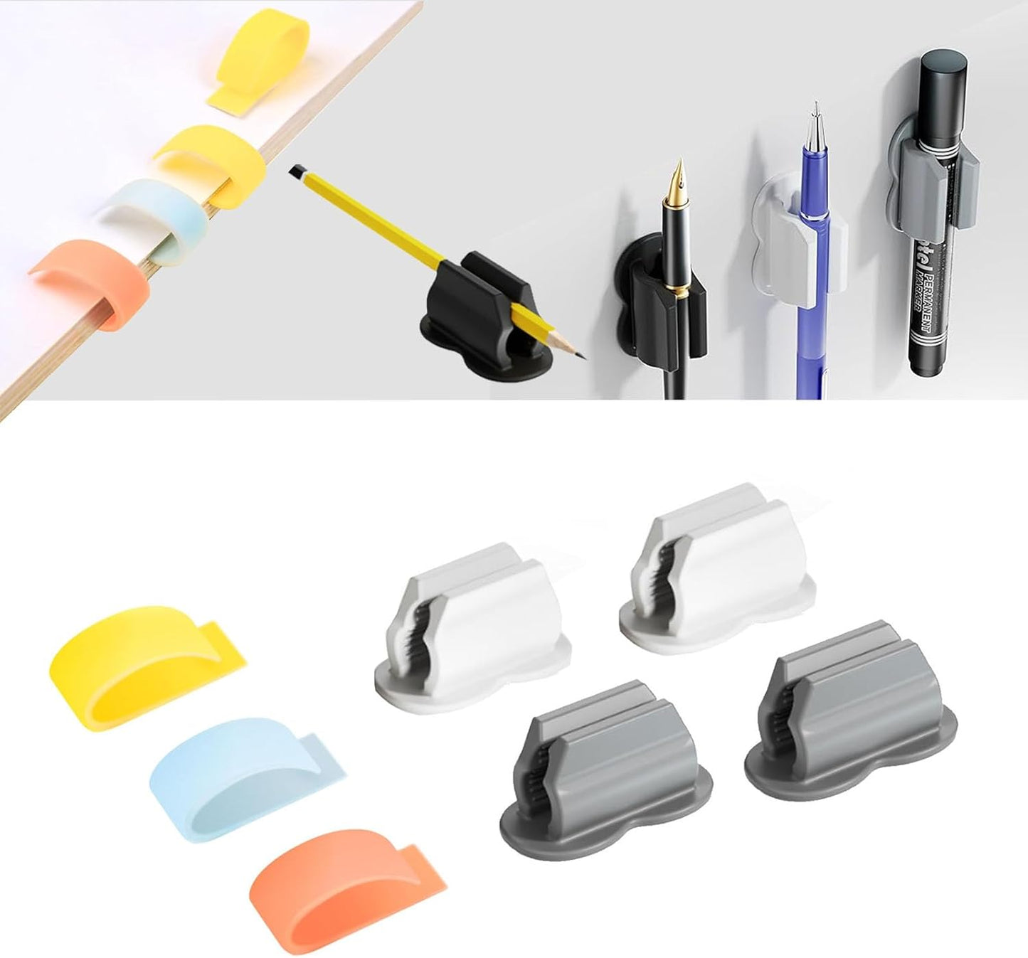 6 Pack Adhesive Pen Holder - Self-Adhesive Silicone Organizer Set - Multifunctional Clips for Desk & Wall - Ideal for Adults and Kids, Office and Home Organization (6)