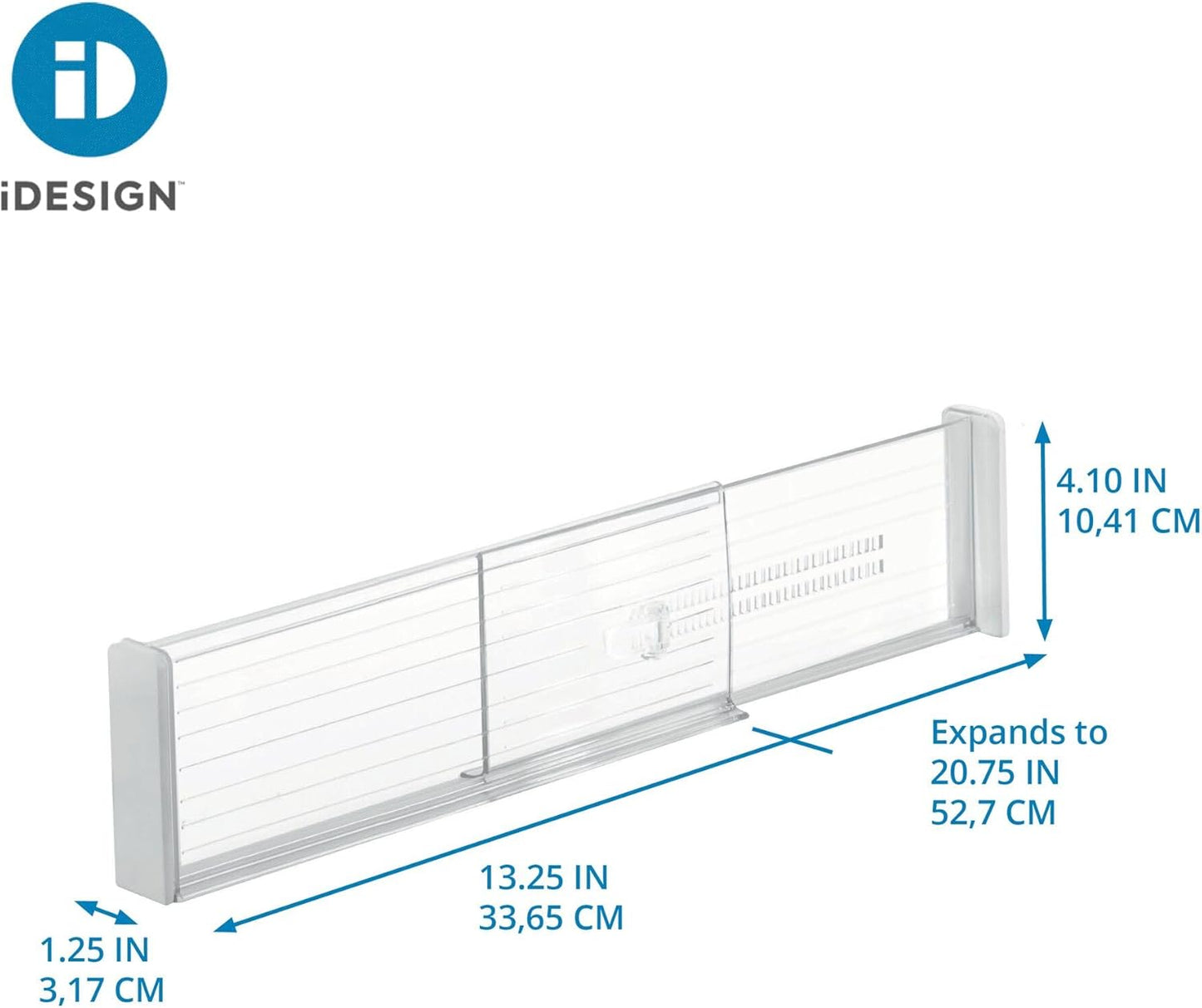 iDesign Plastic Adjustable Deep Drawer Divider, Kitchen, Dresser, Desk, Bathroom and More, The Linus Collection – Set of 2, Expandable 13.25” – 20.75”, Clear