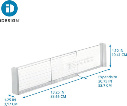 iDesign Plastic Adjustable Deep Drawer Divider, Kitchen, Dresser, Desk, Bathroom and More, The Linus Collection – Set of 2, Expandable 13.25” – 20.75”, Clear