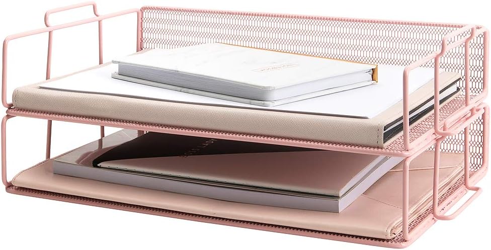 BLU MONACO | Paper Tray Stackable Gold Mesh Set of 2 | Stackable File Trays for Desk Organization | Tiered Desk Organizer with Metal Letter Trays