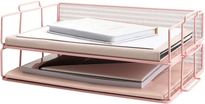 BLU MONACO | Paper Tray Stackable Gold Mesh Set of 2 | Stackable File Trays for Desk Organization | Tiered Desk Organizer with Metal Letter Trays