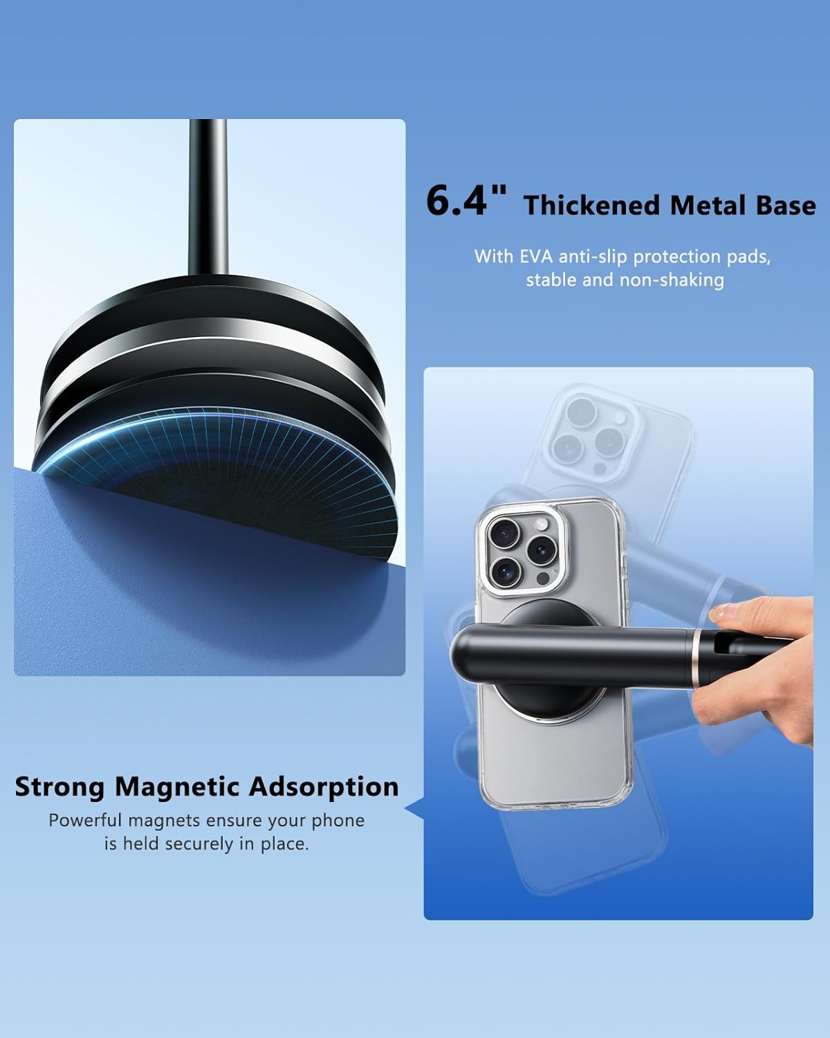 Angle Height Adjustable Magnetic Phone Stand for Desk [10"-25"] - Retractable Cell Phone Holder for Video Recording Cooking Excising Working -Aluminum iPhone 17 16 15 14 Pro Max Air Stand