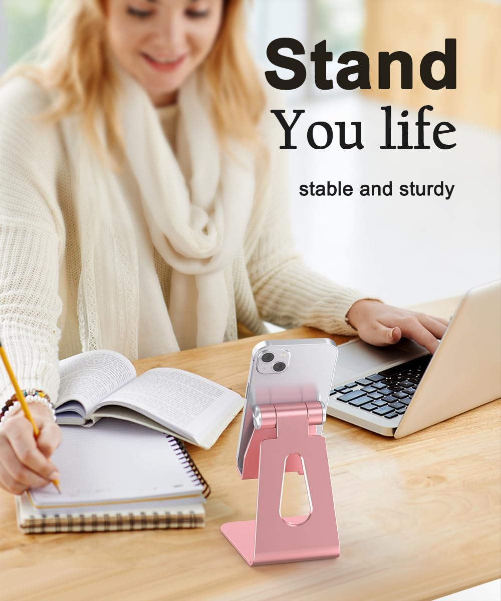 Cell Phone Stand for Desk- Adjustable Phone Stand Holder, Cradle, Dock, Desktop Stand for iPhone 17 16, 15, 14, Plus, Pro, Pro Max, 13 12 X XS,4-8" Phones, Office Accessories (Rose Gold)