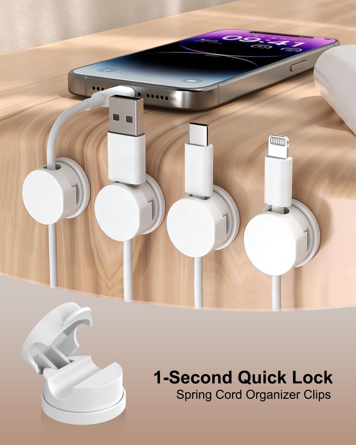 OneLeaf 12 Pack 360° Rotatable Spring Cable Clips[1s Lock], Adhesive Cord Holder for Nightstand, Phone Charger Cord Holder for Desk Home Office Car Game Station