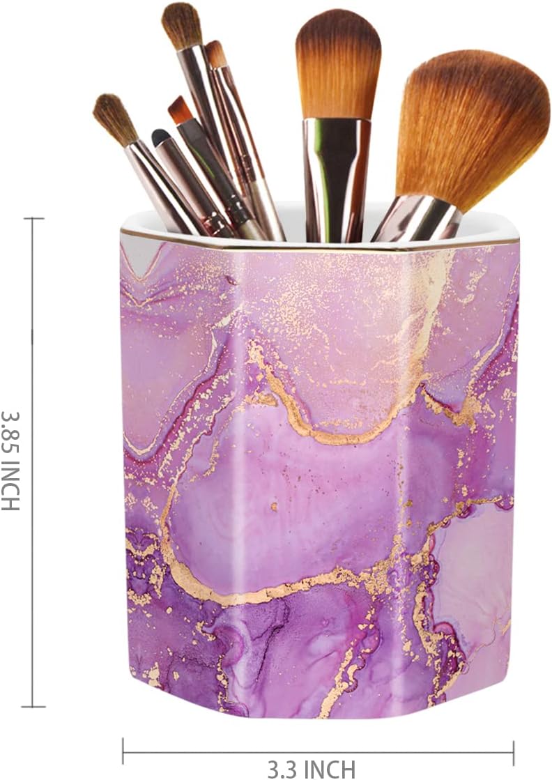 WAVEYU Ceramic Pen Holder for Desk Cute, Pencil Cup Pot Desk Organizer, Makeup Brush Holder for Women, Men, Kids, Desk Marble Decor for Office, Classroom, Home, Gray Golden