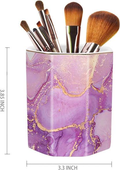 WAVEYU Ceramic Pen Holder for Desk Cute, Pencil Cup Pot Desk Organizer, Makeup Brush Holder for Women, Men, Kids, Desk Marble Decor for Office, Classroom, Home, Gray Golden