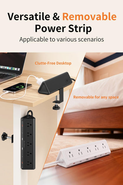 6.5 FT Desk Clamp Power Strip with 5 AC Outlets & 6 USB Ports PD 40W USB-C Fast Charging, 1250J Surge Protector, Fits 2.1 in top Edge Black
