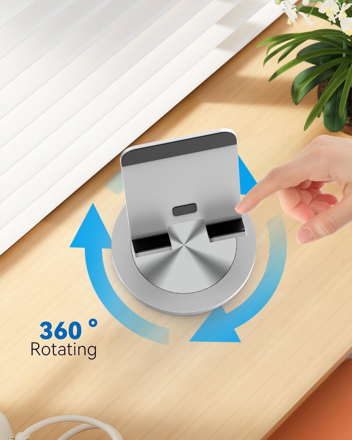 Phone Stand for Desk, 360° Rotating Dual Adjustable Foldable Holder, Heavy Solid All-Aluminum Base Anti-Slip Stable Support for Home Office Study, Fits iPhone Galaxy 4-8" Phones (Silver)