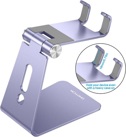 Adjustable Cell Phone Stand, OMOTON Aluminum Desktop Cellphone Stand with Anti-Slip Base and Convenient Charging Port, Fits All Smart Phones, Silver